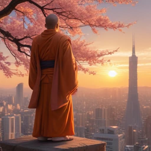 In the vibrant, bustling city of Neo-Tokyo, a solitary Monk stands atop a skyscraper, bathed in the golden glow of the setting sun. With an air of tranquility, he raises his hands in a meditative pose, channeling beams of radiant light that illuminate the city below. Surrounding him, digital cherry blossoms bloom and scatter in the wind, creating a serene and ethereal atmosphere. The intricate details of his flowing robes and serene expression capture the essence of inner peace and spiritual enlightenment. fantastical creatures or characters inspired by mythology, folklore, or popular culture. use vibrant colors, sharp lines, intricate details, dynamic poses, dramatic lighting, atmospheric backgrounds, and blend anime, manga, and Western co