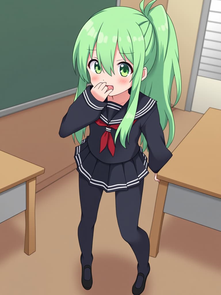  1girl,whole body,green hair,ponytail hair,(((black sailor suit))),(((blushing:1.2))),(((hiding shyness:1.5))),milky effect,(((upset face:1.3))),face up focus:1.5,(((in the classroom)))