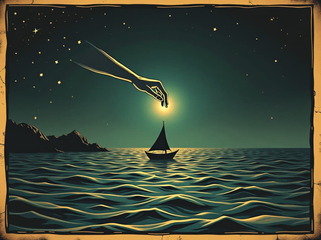  a glowing, invisible hand gently guiding a small boat across a starry ocean, unseen hand guiding, calm and directed journey. an illustration in the style of a worn, mystical old tarot trump card, mysterious and elements of surrealism. the colors are muted, somber and eerie, but with contrast bring out an occult and esoteric vibe.