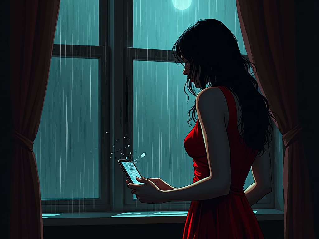  colleague in red dress, shattered phone in hand, looking out rain streaked window, sense of broken trust and relationships. the style is digital art illustration / modern comic book / graphic dark novel fantasy and mysterious occult, symbolic, moody lighting, esoteric vibe,high detail on character design. for the color scheme emphasize blacks and reds.