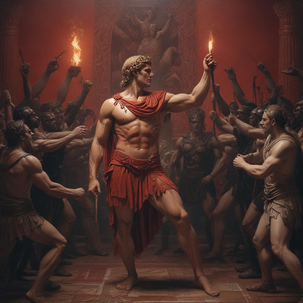 Achilles confronting Agamemnon in a heated exchange, towering over him with clenched fists, soldiers in the background looking on, torches casting flickering light and shadows, tension palpable in the air"in the style of classical Greek pottery art, with intricate black figures on a red background, depicting mythological scenes with a focus on gods and heroes, using a limited color palette of red, black, and white"This image is a breathtaking painting that captures the magical scene with vivid detail. The overall composition is spellbinding, showcasing a perfect harmony. photorealism fantasy, unreal engine 5, concept hyperrealistic, full body, detailed clothing, highly detailed, cinematic lighting, stunningly beautiful, intricate, sharp focus, f/1. 8, 85mm, (centered image composition), (professionally color graded), ((bright soft diffused light)), volumetric fog, trending on instagram, trending on tumblr, HDR 4K, 8K