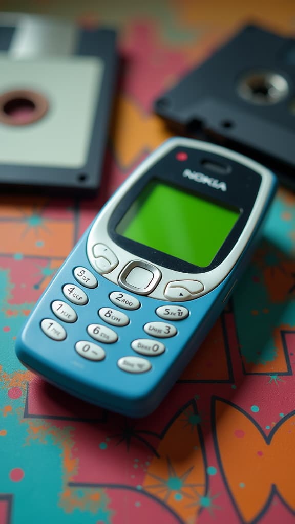  a close up view of a classic nokia 3310 mobile phone resting on a colorful, retro patterned surface. the phone displays its iconic blue grey body with a green monochrome screen, surrounded by vintage accessories like a cassette tape and a floppy disk, evoking a nostalgic early 2000s vibe. soft lighting highlights the phone's curves and textures.