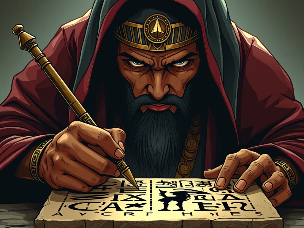  artist with intense eyes, chiseling a intricate hieroglyph on a stone tablet, atmosphere of focused intent and artistic mastery. the style is digital art illustration / modern comic book / mysterious occult, symbolic, esoteric vibe,high detail on character design, incorporating ancient egyptian symbology and attire.