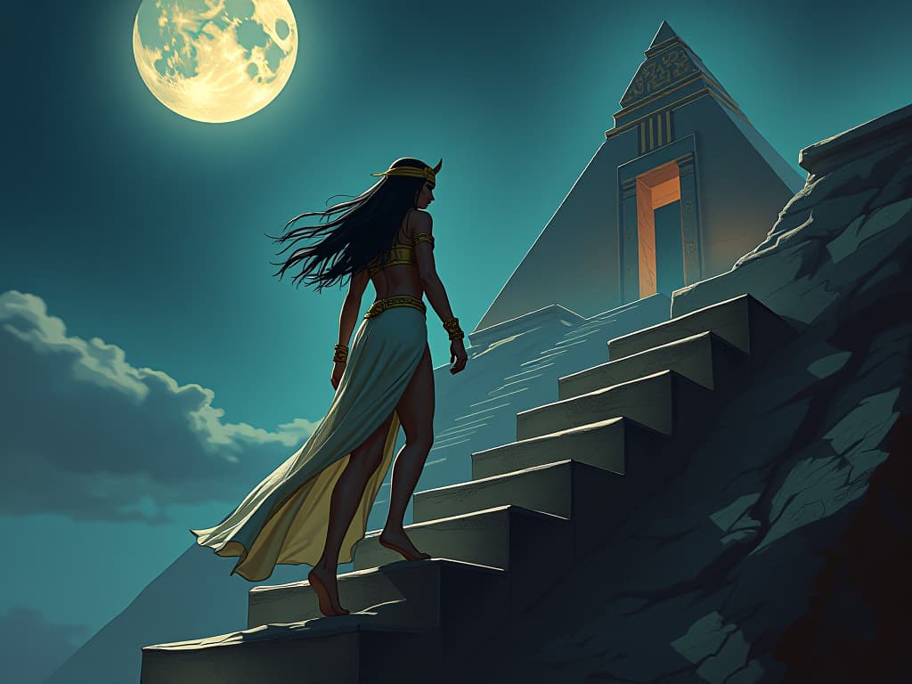  woman in sheer ancient egyptian attire, climbing a staircase towards a temple under the full moon, each step symbolizing progress, air of purpose and dedication. the style is digital art illustration / modern comic book / mysterious occult, symbolic, esoteric vibe,high detail on character design, incorporating ancient egyptian symbology and attire.