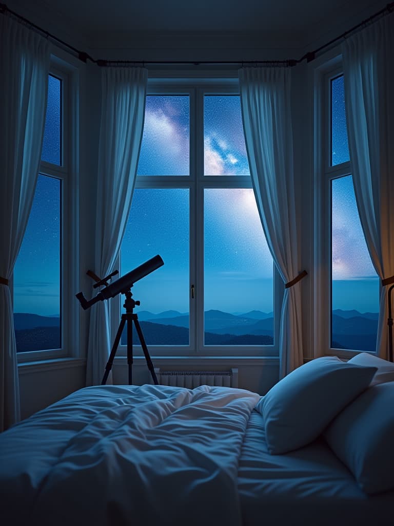  high quality portrait photo of a serene bedroom with a large bay window offering a panoramic view of the night sky, complemented by gossamer curtains and a telescope hyperrealistic, full body, detailed clothing, highly detailed, cinematic lighting, stunningly beautiful, intricate, sharp focus, f/1. 8, 85mm, (centered image composition), (professionally color graded), ((bright soft diffused light)), volumetric fog, trending on instagram, trending on tumblr, HDR 4K, 8K