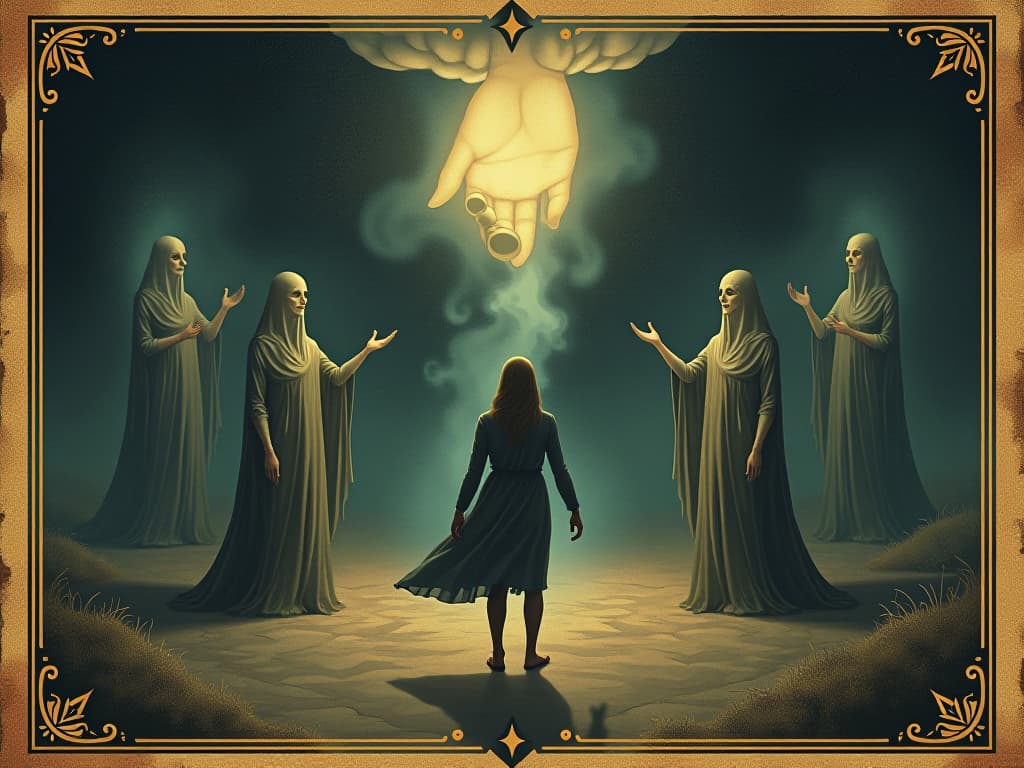  symbolic imagery, decision making representation, glowing figures guiding a person at crossroads, spectral light, night backdrop, intuitive, guiding hand of fate. an illustration in the style of a worn, mystical old tarot trump card, mysterious and elements of surrealism. the colors are muted, somber and eerie, but with contrast bring out an occult and esoteric vibe.