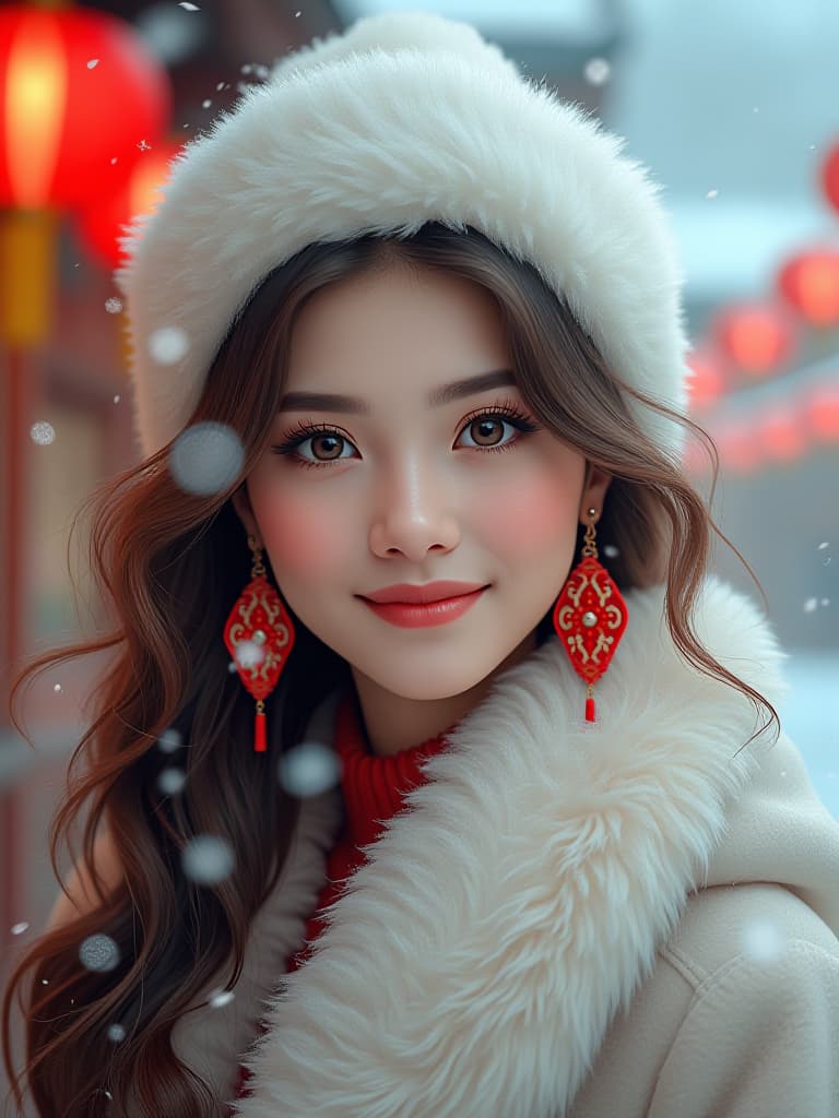  high definition, realistic portrait of a young woman with a soft and inviting expression. her eyes are large and full of light, highlighted with subtle makeup. her cheeks have a natural rosy flush, complementing her gentle smile. her hair, a cascade of wavy locks, is partially covered by a fluffy white hat, indicative of a chilly winter day. she wears elegant, traditional red earrings with intricate floral designs that dangle gracefully. the woman is dressed in a cozy, white winter garment that suggests warmth and comfort, with a hint of a red outfit underneath. snowflakes gently fall around her, adding to the serene winter atmosphere. red lanterns hang in the background, glowing softly amidst the snow, enhancing the festive mood. the overa hyperrealistic, full body, detailed clothing, highly detailed, cinematic lighting, stunningly beautiful, intricate, sharp focus, f/1. 8, 85mm, (centered image composition), (professionally color graded), ((bright soft diffused light)), volumetric fog, trending on instagram, trending on tumblr, HDR 4K, 8K