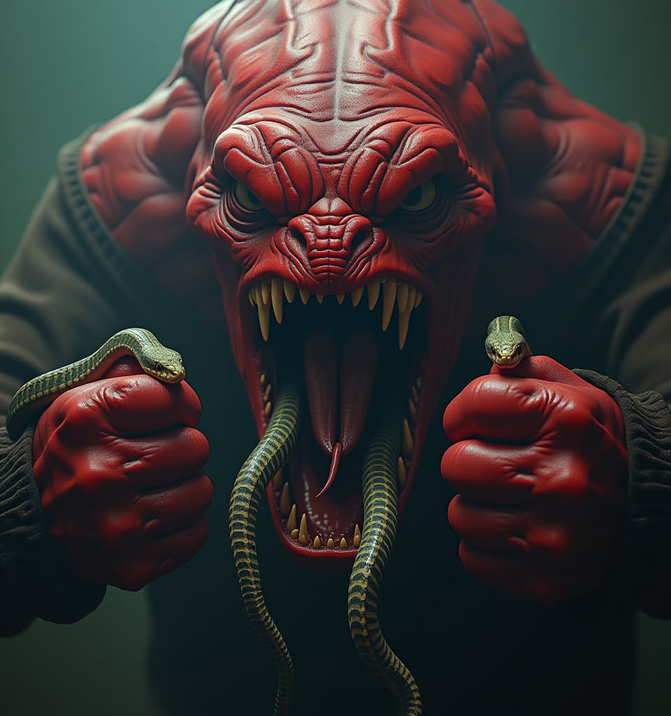  horror themed a huge red cyclops caught three snakes two snakes he squeezes in giant fists. the third snake wriggles in the huge mouth of the cyclops among sharp teeth . eerie, unsettling, dark, spooky, suspenseful, grim, highly detailed hyperrealistic, full body, detailed clothing, highly detailed, cinematic lighting, stunningly beautiful, intricate, sharp focus, f/1. 8, 85mm, (centered image composition), (professionally color graded), ((bright soft diffused light)), volumetric fog, trending on instagram, trending on tumblr, HDR 4K, 8K