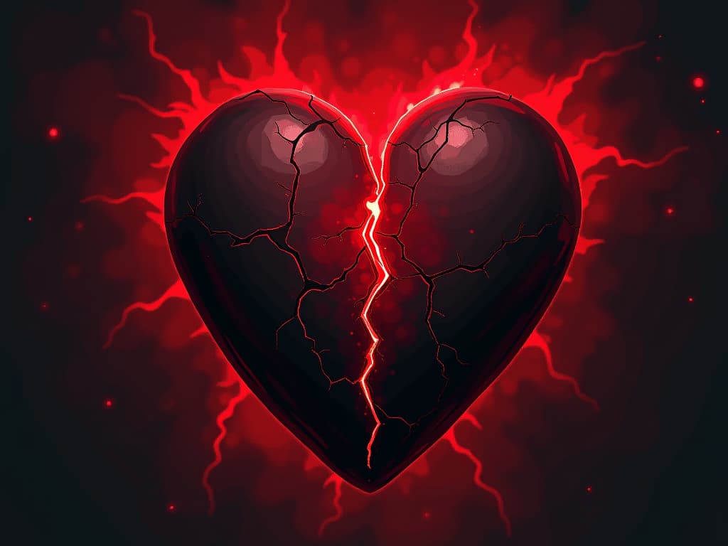  image of a heart with cracks, shadowy background, sense of betrayal and deep emotional pain. the style is digital art illustration / modern comic book / graphic dark novel fantasy and mysterious occult, symbolic, moody lighting, esoteric vibe,high detail on character design. for the color scheme emphasize blacks and reds.