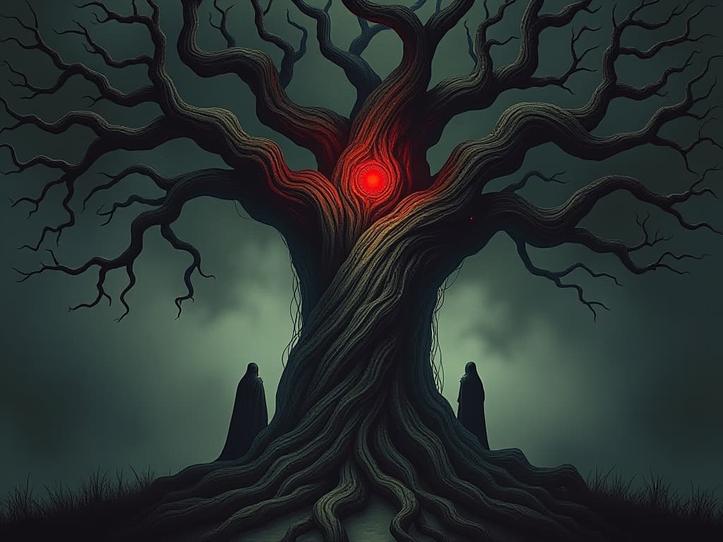  ancient tree with gnarled branches, central figure weaving through, connections to other figures visible, taint of betrayal. the style is dark fantasy and mysterious occult, symbolic, moody lighting, esoteric vibe,high detail on character design. for the color scheme emphasize blacks and reds.