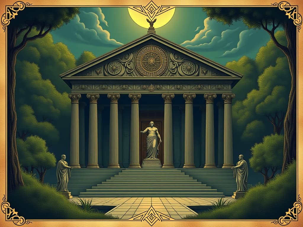  a grand temple dedicated to asclepius, adorned with healing symbols and statues, lush greenery around, a sense of tranquility and reverence, divine ambiance. an illustration in the style of a worn, mystical old tarot trump card, mysterious and elements of surrealism. the colors are muted, somber and eerie, but with contrast bring out an occult and esoteric vibe.