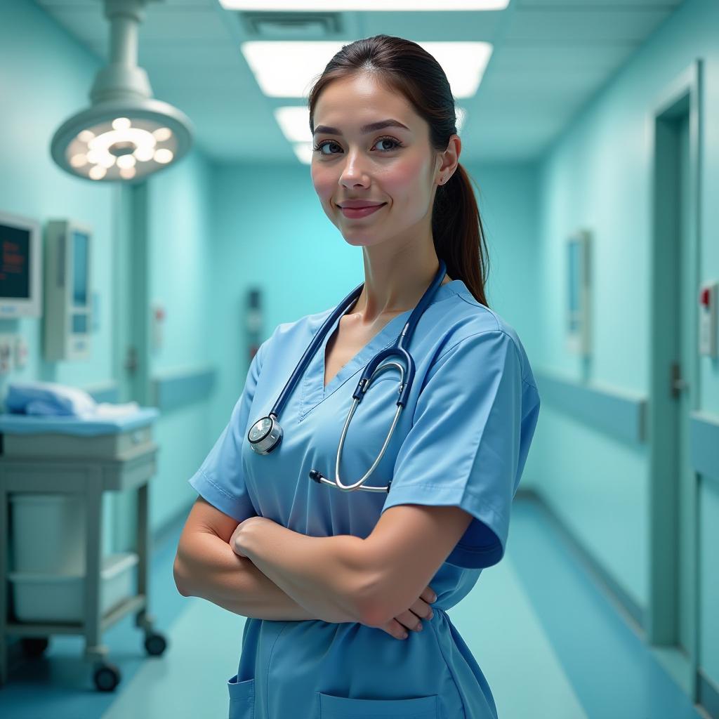  illustration of a female surgeon standing in a hospital setting, high quality, high details, hd, perfect composition, 4k epic detailed, highly detailed, sharp focus, high resolution