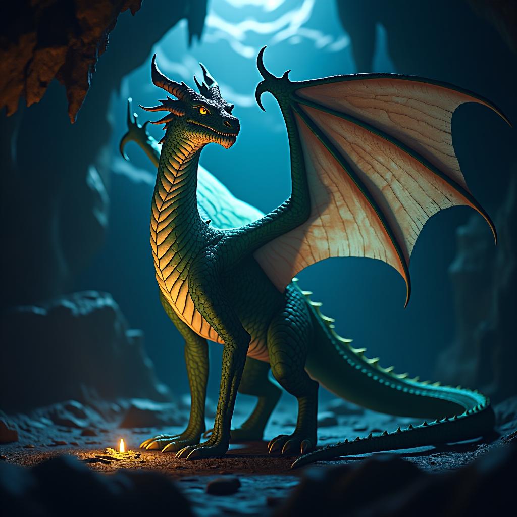  a dragon with bioluminescent scales, lighting up a dark cavern