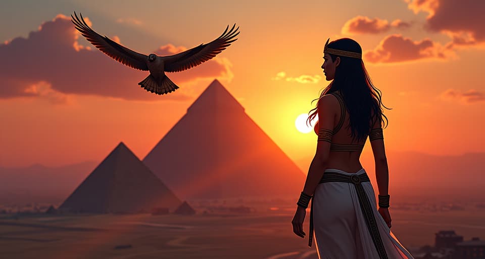  falcon soaring above the pyramids at twilight, large busted goddess in tight linen below, clarity and purpose emanating from the scene. the style is digital art illustration / modern comic book / mysterious occult, symbolic, esoteric vibe,high detail on character design, incorporating ancient egyptian symbology and attire.