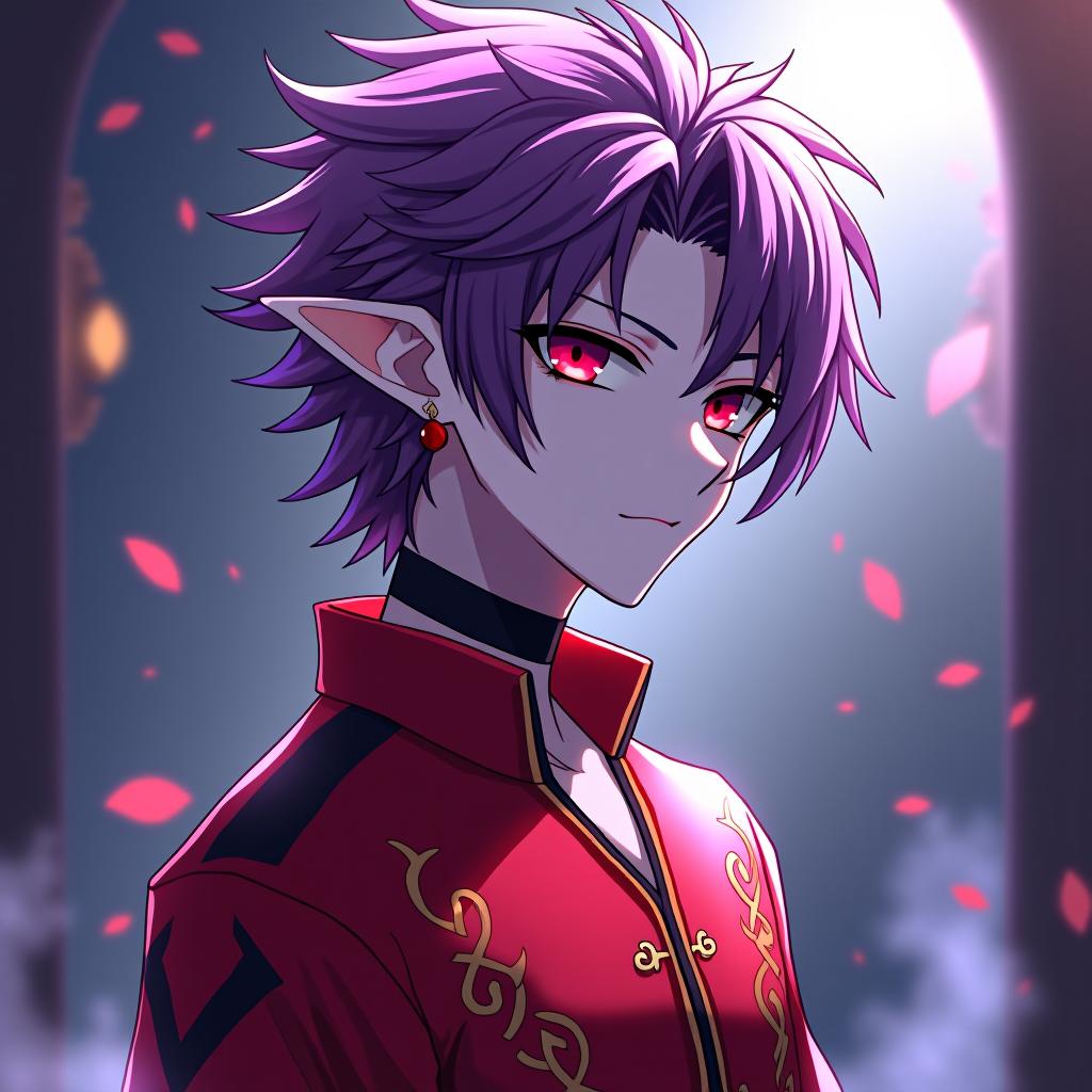  anime artwork dark elf male rock performer marble white skin, purple scarlet hair, lavender eyes with a red tint, dressed in a red violet shirt embroidered with red gold over the shirt wears , hairstyle in the style of hedgehog hair. an earring in ear, in the shape of a month. the crescent moon tattoo . anime style, key visual, vibrant, studio anime, highly detailed hyperrealistic, full body, detailed clothing, highly detailed, cinematic lighting, stunningly beautiful, intricate, sharp focus, f/1. 8, 85mm, (centered image composition), (professionally color graded), ((bright soft diffused light)), volumetric fog, trending on instagram, trending on tumblr, HDR 4K, 8K