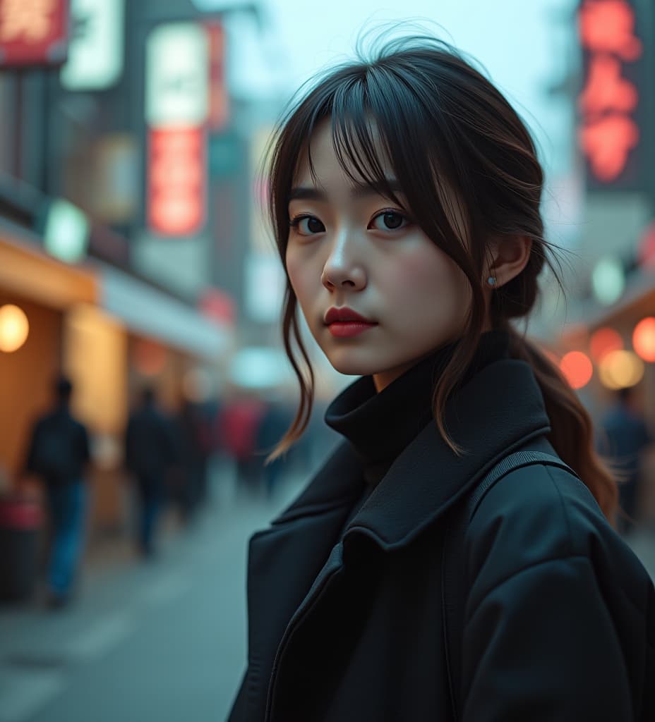  depth of field, establishing shot, character, woman, cinematic, realistic, tokyo in background