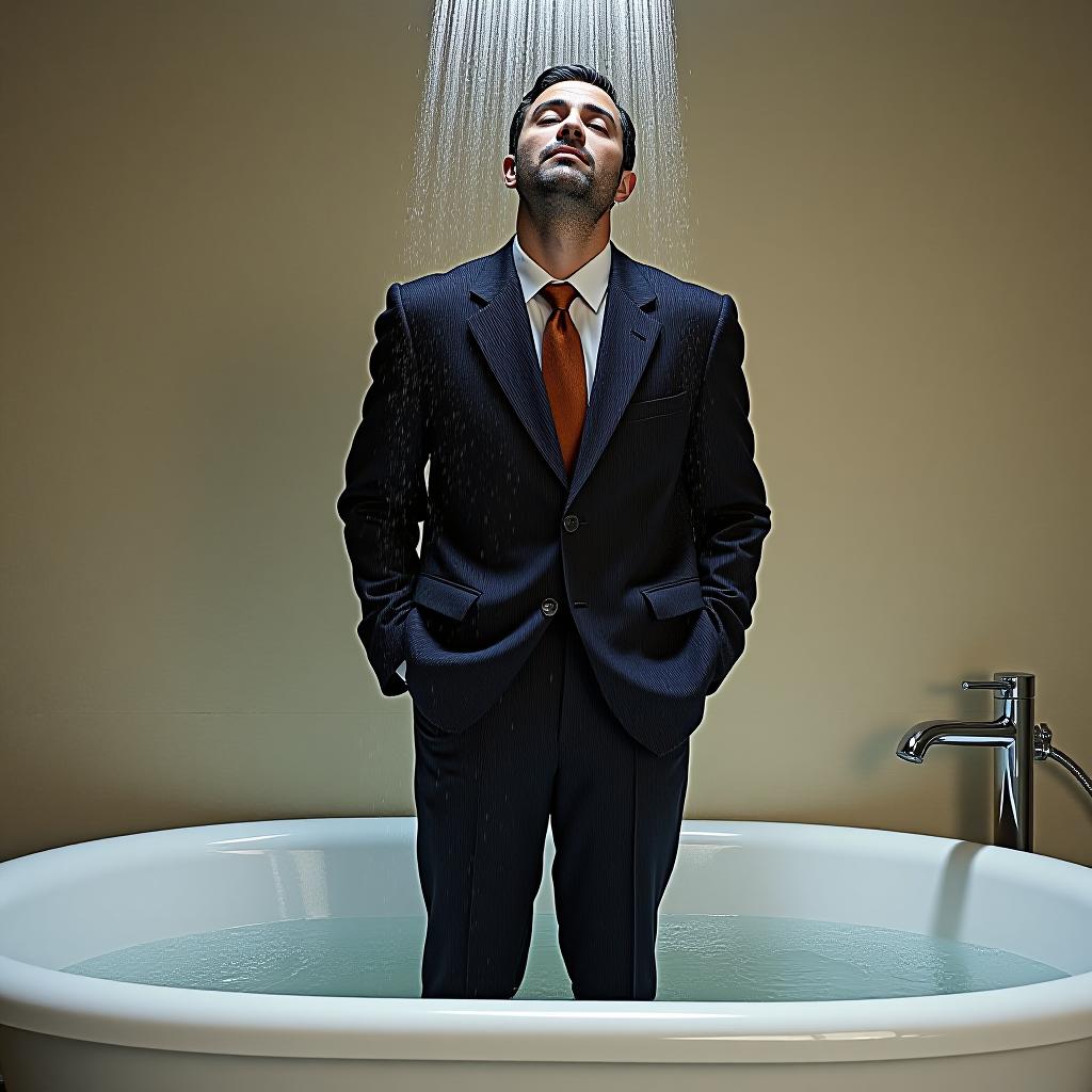  a in and an oversized blazer is standing in the tub and being showered with water from a showerhead. photoshoot.