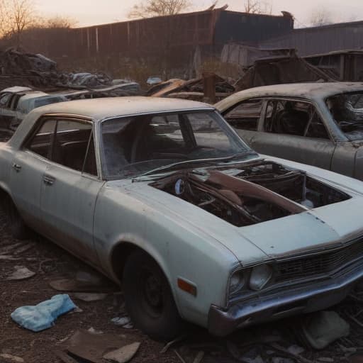 A photo of a vintage car crash dummy standing solemnly amidst a wreckage of crumpled cars in a dimly lit junkyard at dusk with eerie shadows caressing the broken metal and shattered glass.