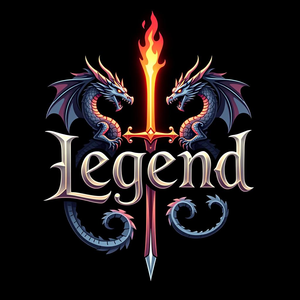  design a logo, custom sticker design on an isolated black background with the words ‘legend’ in bold font decorated by mythical dragons and a flaming sword