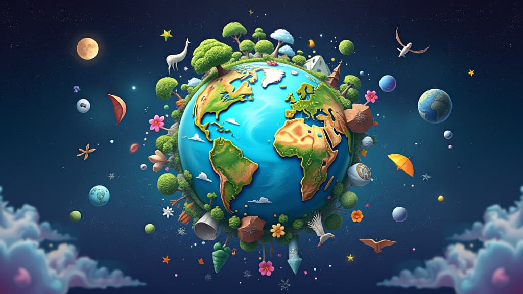  a colorful and vibrant image of planet earth, with various elements of nature, such as trees, animals, and flowers