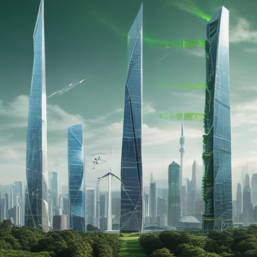 A dynamic collage of sleek, futuristic skyscrapers soaring towards the sky, surrounded by lush green energy turbines and cutting-edge medical equipment. The scene is a vibrant tapestry of innovation and progress, symbolizing a relentless pursuit of growth and advancement in the fields of technology, renewable energy, and healthcare.