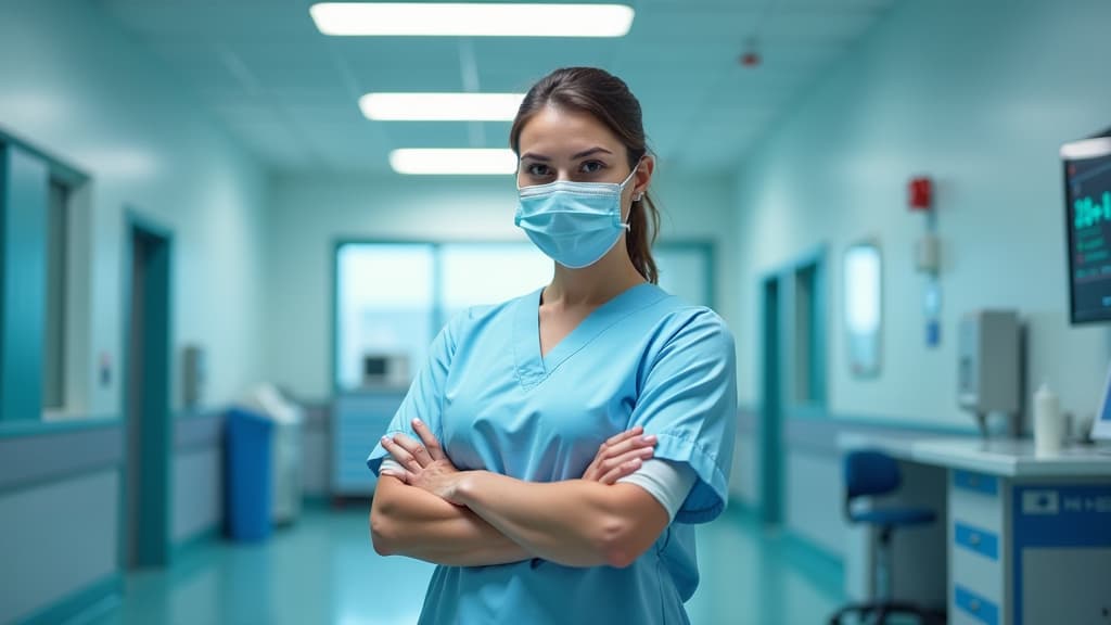  illustration of a female surgeon standing in a hospital setting, high quality, high details, hd, perfect composition, 4k epic detailed, highly detailed, sharp focus, high resolution