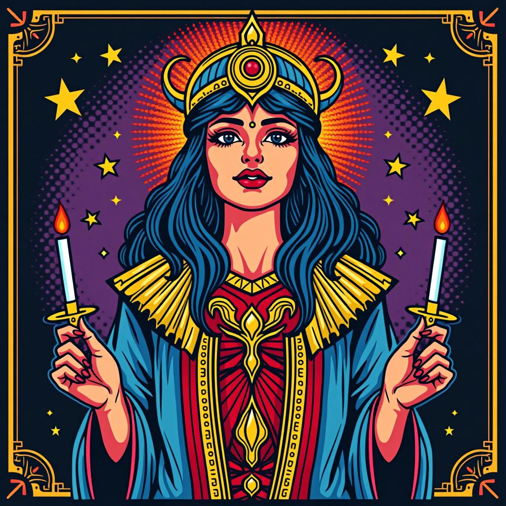  pop art style warrior guesses on tarot face, stars, candles, mystery, magic . bright colors, bold outlines, popular culture themes, ironic or kitsch