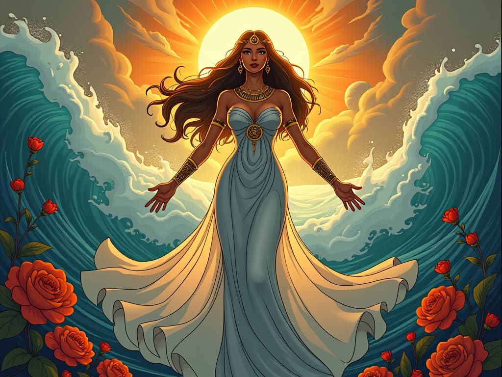  asherah, large busted and radiant, in a tight, flowing gown surrounded by blooming flowers and lively sea waves, her aura pulsating with life giving energy. the style is digital art illustration / modern comic book / mysterious occult, symbolic, esoteric vibe,high detail on character design, incorporating ancient egyptian symbology and attire.