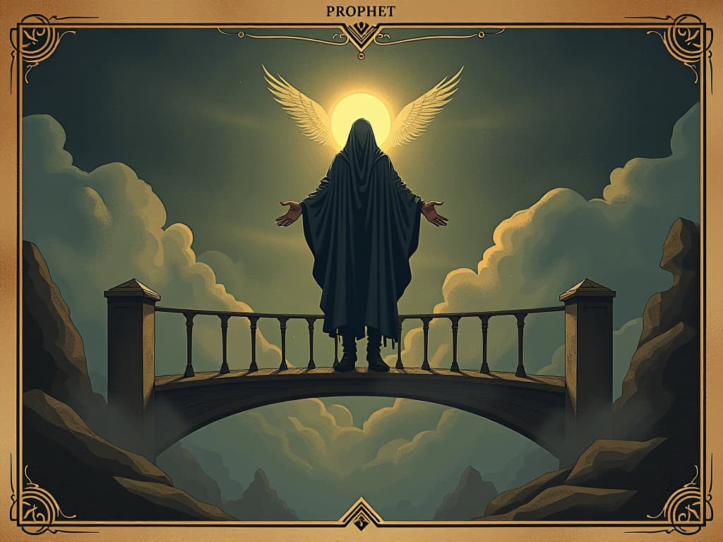  prophet as a bridge, connection between heaven and earth, guiding light, ethereal ambience. an illustration in the style of a worn, mystical old tarot trump card, mysterious and elements of surrealism. the colors are muted, somber and eerie, but with contrast bring out an occult and esoteric vibe.