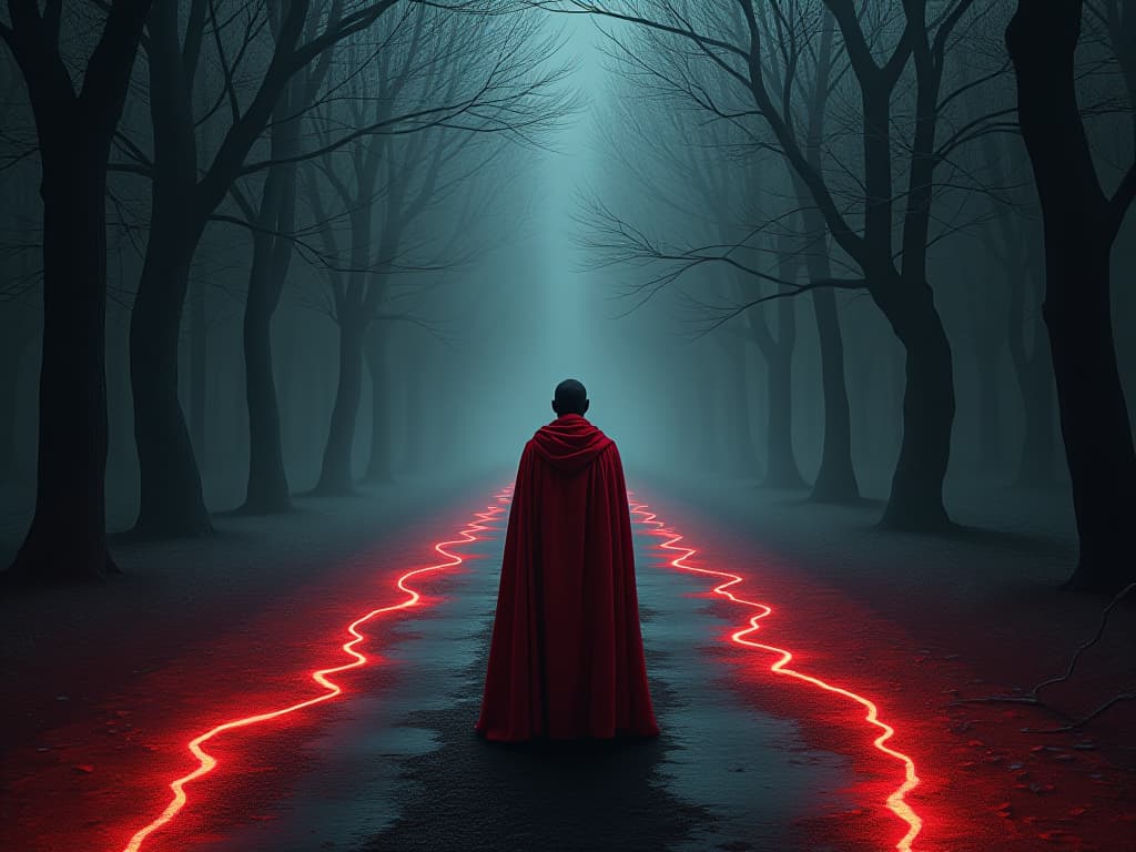  knight in red, standing at a fork in the road, each path lined with glowing runes, air of potential and decision. the style is digital art illustration / modern comic book / graphic dark novel fantasy and mysterious occult, symbolic, moody lighting, esoteric vibe,high detail on character design. for the color scheme emphasize blacks and reds.