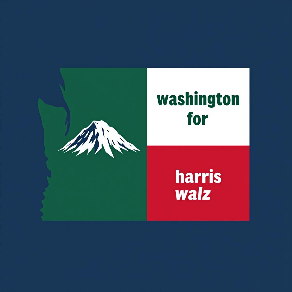  a tshirt design inspired by the washington state flag. the left side features a green vertical stripe with a large mountain in the center. the right side is divided into two horizontal sections: the top section is white with the text 'washington for' in bold, green, uppercase letters, and the bottom section is red with the text 'harris walz' in bold, white, uppercase letters. the overall layout is clean and straightforward, with a clear and patriotic color scheme of blue, white, and red.