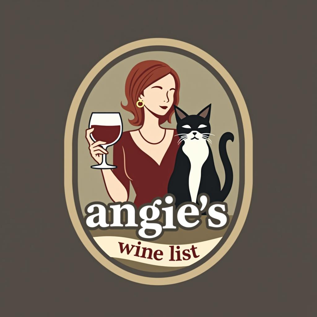  design a logo, a woman with a glass of wine and a black and white cat, with the text 'angie’s wine list'.