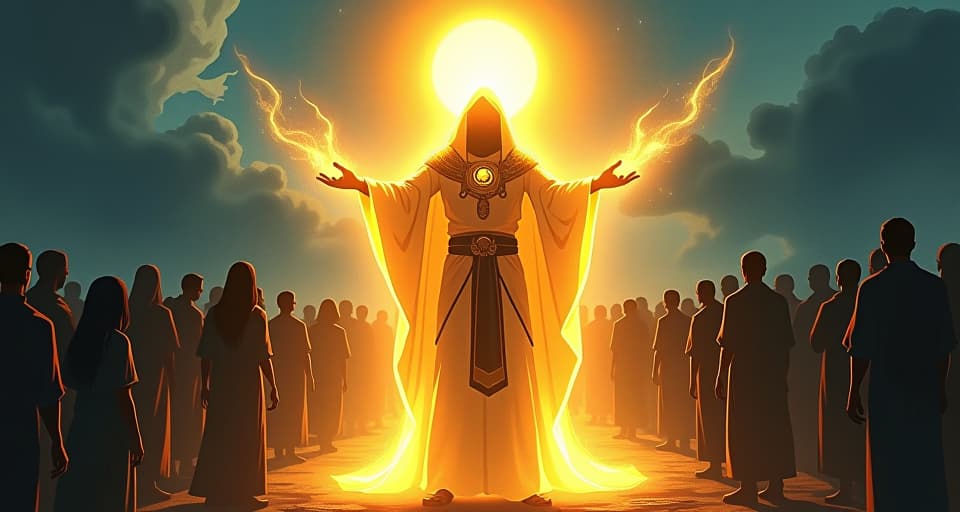  a radiant figure cloaked in celestial light, standing apart from a crowd of ordinary people, each gesture imbued with an otherworldly aura indicating their unique status.. the style is digital art illustration / modern comic book / mysterious occult, symbolic, esoteric vibe,high detail on character design, incorporating ancient egyptian symbology and attire.