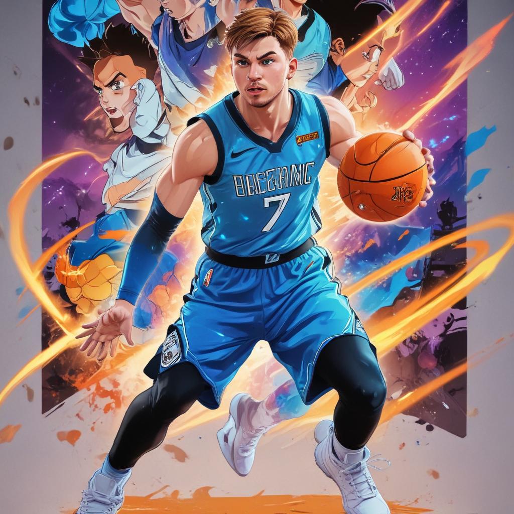 distance-shot, flashy, full-body, dynamic, holographic, animated cartoon poster of luka doncic in the style of dragon ball super