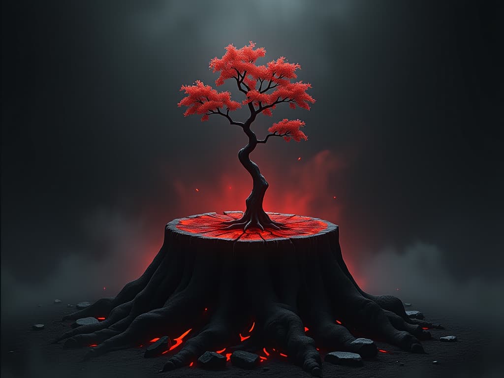  a young sapling growing out of a charred stump, sense of renewal, hope.. the style is dark fantasy and mysterious occult, symbolic, moody lighting, esoteric vibe,high detail on character design. for the color scheme emphasize blacks and reds.