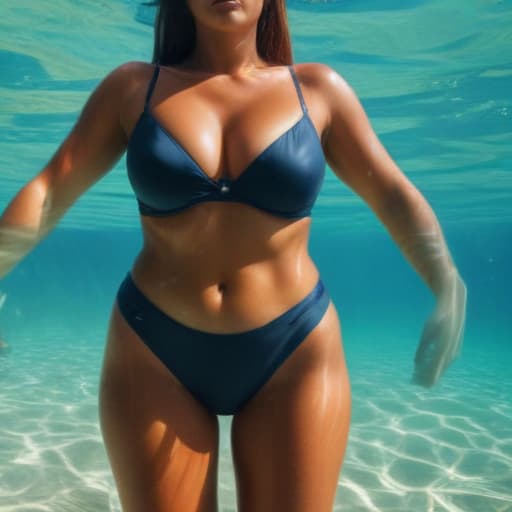 tanned woman with wide hips in full growth struggles underwater