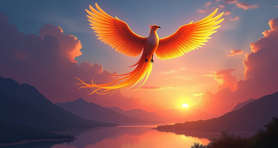  a majestic phoenix soaring high above a fantasy landscape, flames trailing from its wings. below, a serene lake reflecting the colors of the sunset, symbolizing life's journey reaching its peak, transformative moment.. the style is digital art illustration,highly detailed, whimsical,magical, dreamlike atmosphere, realism and fantasy blend, smooth, glossy textures,luminous quality, wonder and enchantment.