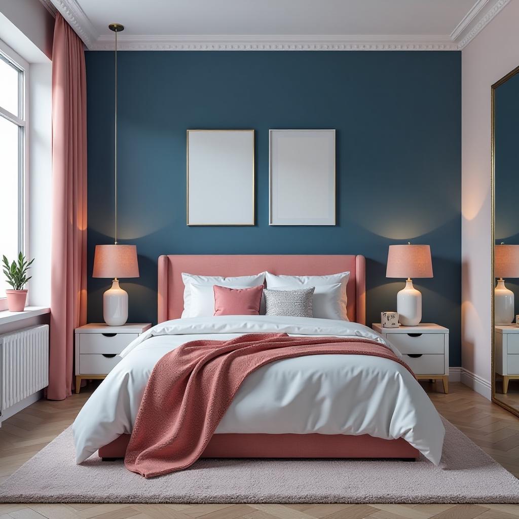  bedroom in blue pink tones in a modern style {prompt}, maximum details