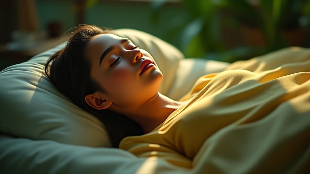  scenes about health and fitness, an animated sequence showing an individual sleeping peacefully after drinking guava leaf tea, emphasizing relaxation and well being. hyperrealistic, full body, detailed clothing, highly detailed, cinematic lighting, stunningly beautiful, intricate, sharp focus, f/1. 8, 85mm, (centered image composition), (professionally color graded), ((bright soft diffused light)), volumetric fog, trending on instagram, trending on tumblr, HDR 4K, 8K