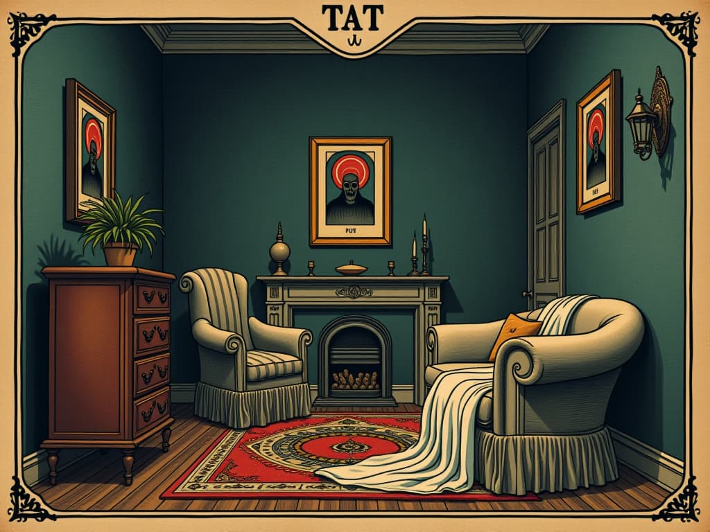  objects shifting positions inexplicably, furniture and items subtly displaced, shadows and reflections not matching, uncanny feeling. an illustration in the style of a worn, mystical old tarot trump card, mysterious and elements of surrealism. the colors are muted, somber and eerie, but with contrast bring out an occult and esoteric vibe.