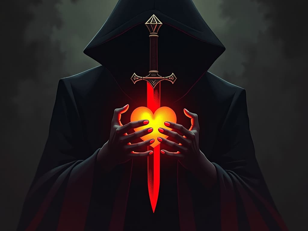  red dagger poised above a golden heart, shadowed background, imminent threat. the style is digital art illustration / modern comic book / graphic dark novel fantasy and mysterious occult, symbolic, moody lighting, esoteric vibe,high detail on character design. for the color scheme emphasize blacks and reds.