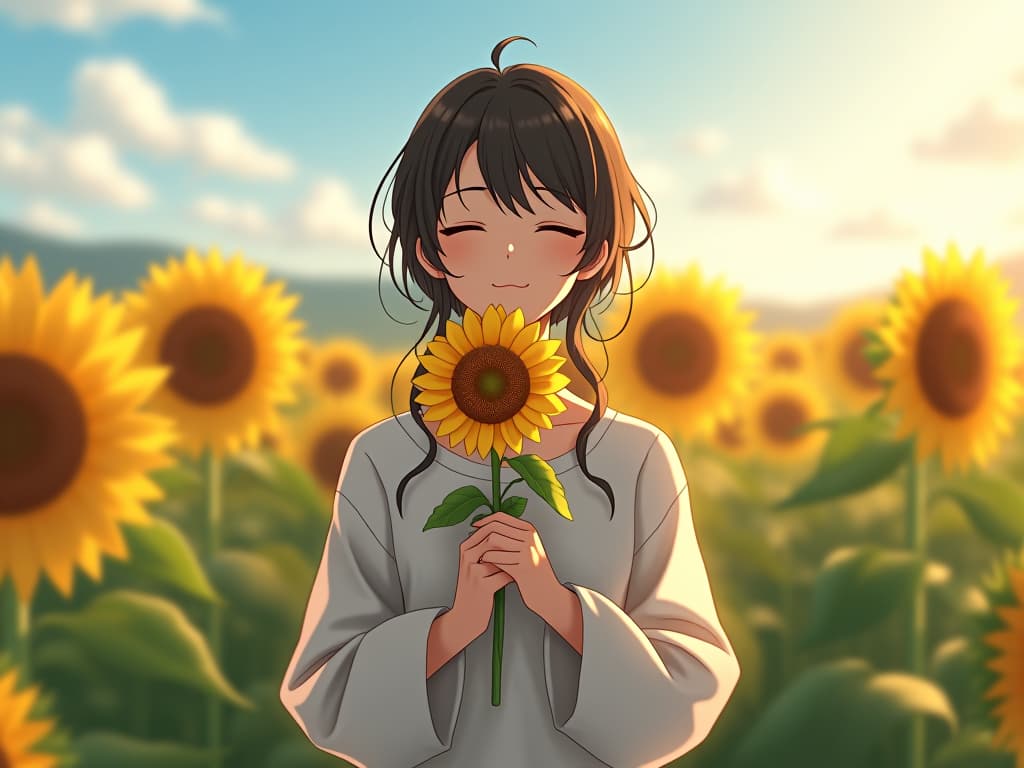  anime in a field with sunflowers, holding a flower, smile, shut mouth, closed eyes, white cloth. in a garden with sunflowers, blowing air, wind, landscape, wind blown, artstation, character concept, flash photo, 8k, realistic, dreamy, firooze hyperrealistic, full body, detailed clothing, highly detailed, cinematic lighting, stunningly beautiful, intricate, sharp focus, f/1. 8, 85mm, (centered image composition), (professionally color graded), ((bright soft diffused light)), volumetric fog, trending on instagram, trending on tumblr, HDR 4K, 8K