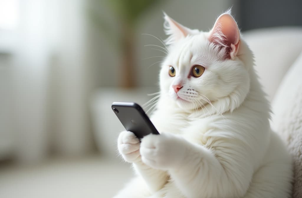  2/3 free space left, right close up fluffy white cat holds smartphone in paws, blurred background of white modern room ar 3:2 {prompt}, maximum details