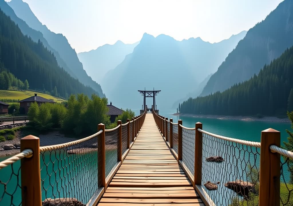  suspension bridge made of wood and hemp rope isolated on a transparent background in a mountain valley