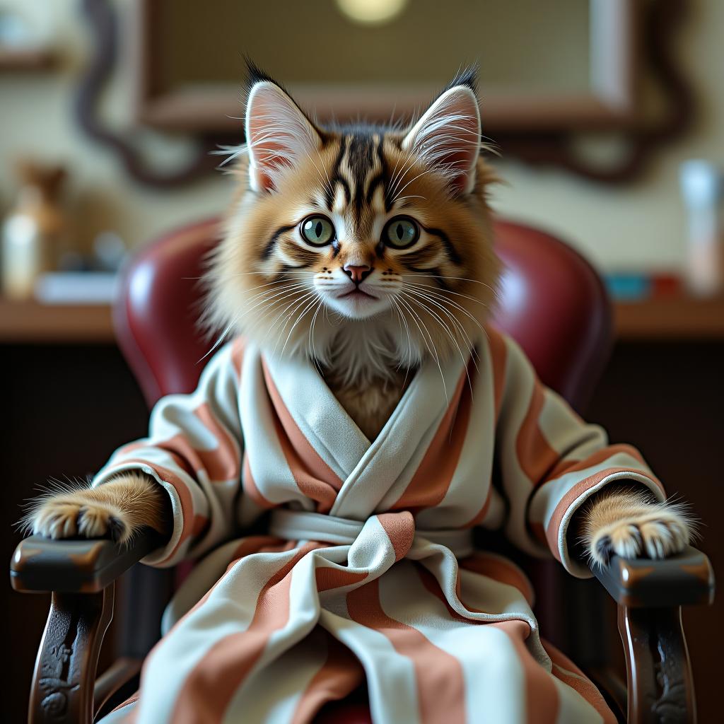  a kitten in a barber's chair wearing a robe with long hair.