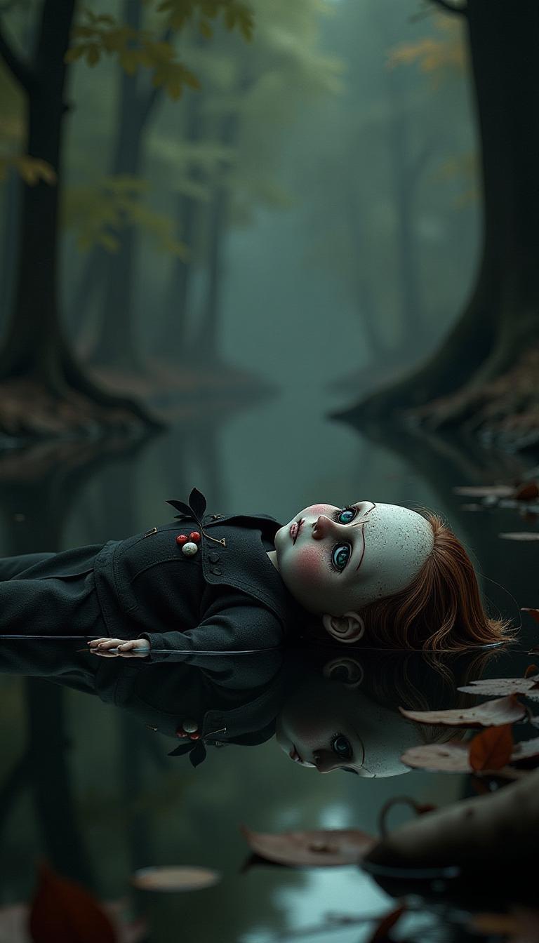  horror themed dark souls style. juisy colours. wayne barlowe style. fantasy style. gothic. fine art. parceline sinister doll mask lying on water of pond. autumn, horror, atmospheric. ar 2:3 . eerie, unsettling, dark, spooky, suspenseful, grim, highly detailed