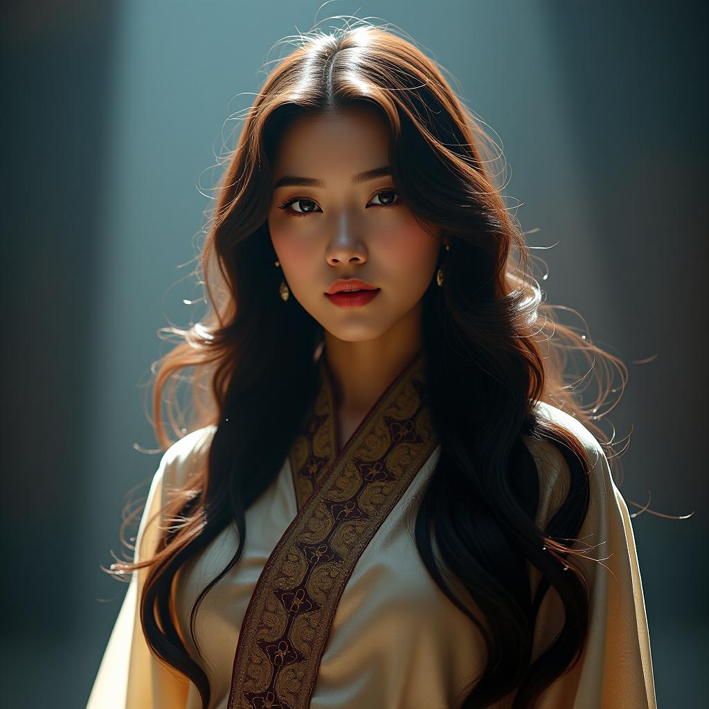   woman with long hair, asian korean pretty ,  hyperrealistic, full body, detailed clothing, highly detailed, cinematic lighting, stunningly beautiful, intricate, sharp focus, f/1. 8, 85mm, (centered image composition), (professionally color graded), ((bright soft diffused light)), volumetric fog, trending on instagram, trending on tumblr, HDR 4K, 8K