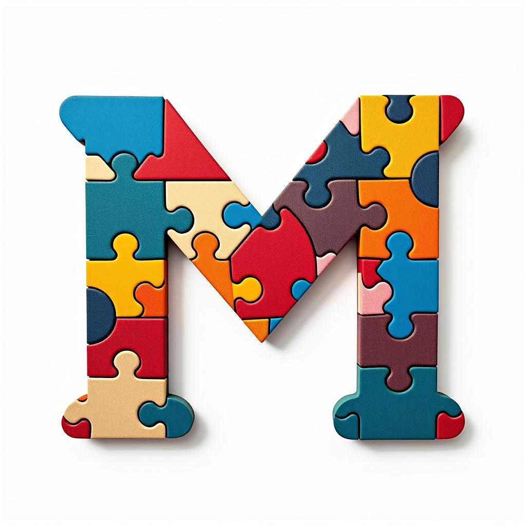  design a logo, abstract logo of letter m from colored puzzles on white background.