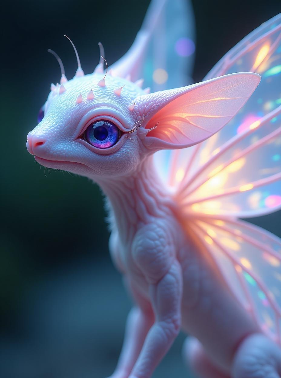  "a close up of ethereal creatures with delicate, semi transparent wings that look like liquid light, shifting between colors like an opal. their bodies are slender and elongated, with smooth, iridescent skin that shimmers in the light. their eyes are large, glowing a soft lavender, and their movements are graceful and hypnotic.", high quality, high details, hd, perfect composition, 4k epic detailed, highly detailed, sharp focus, high resolution