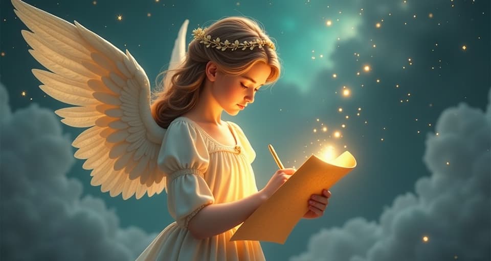  an angelic figure with a glowing scroll, inscribing actions and choices made, ethereal record keeping, reflective and contemplative scene.. the style is digital art illustration,highly detailed, whimsical,magical, dreamlike atmosphere, realism and fantasy blend, smooth, glossy textures,luminous quality, wonder and enchantment.